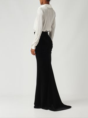 4. Damenkleid aus Stretchseide und Samt Elfenbein-Schwarz