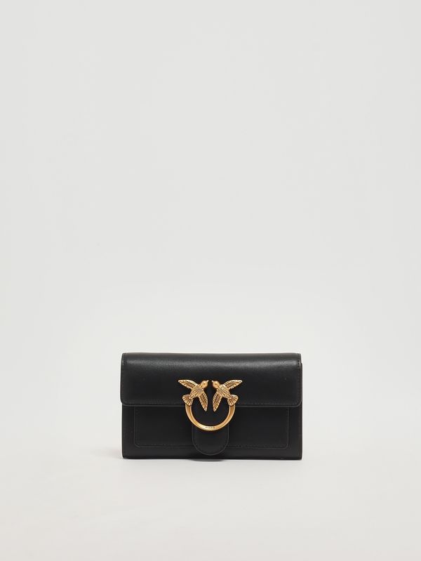 Portafoglio Pinko In Pelle Nera Da Donna, Compatto 12x8x2,5 Cm, Con Portamonete Esterno, 4 Vani Carte, Chiusura A Bottone E Dettagli Oro Antico