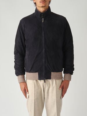 Veste bombardier en daim et nylon pour homme Bleu Volfagli