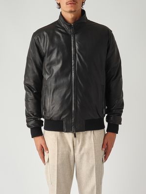 Leather and nylon bomber jacket for men Black Volfagli