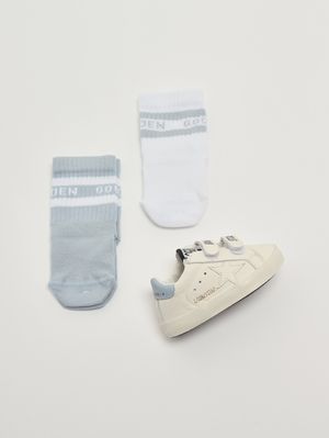 6. Sneaker für Neugeborene Baby School aus Leder Weiß Himmelblau