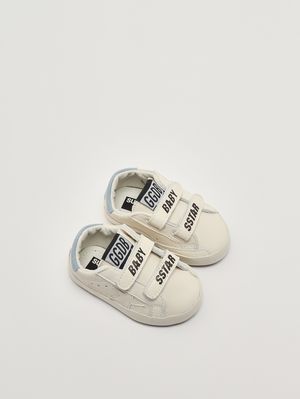 3. Sneaker für Neugeborene Baby School aus Leder Weiß Himmelblau