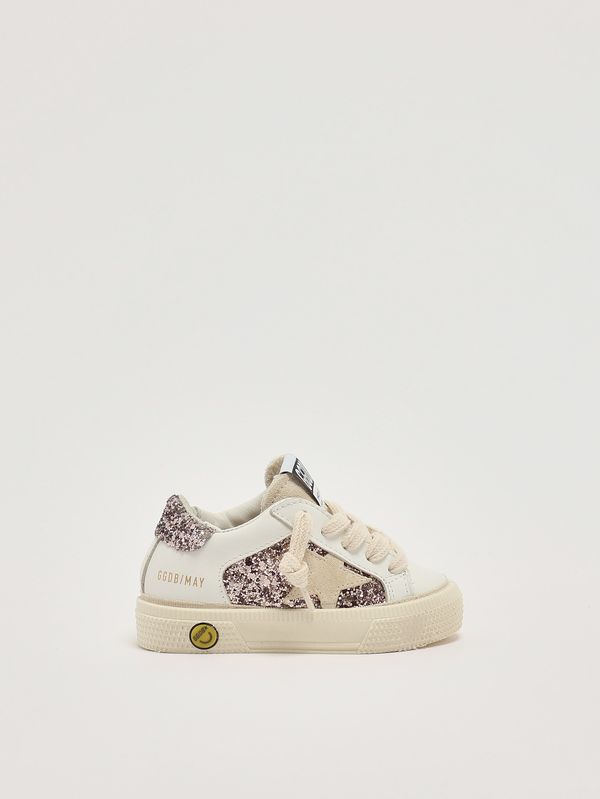 Baby-Sneaker May aus Leder und Glitzer Weiß-Rosa Golden Goose