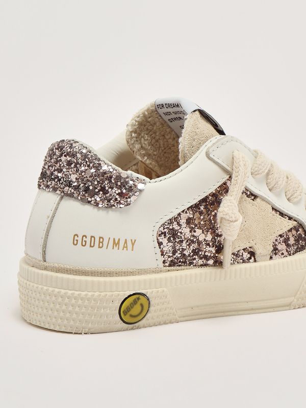 5. Baby-Sneaker May aus Leder und Glitzer Weiß-Rosa Golden Goose gjf00715f005321