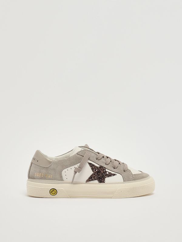 Mädchen-Sneaker May aus Leder und Glitzer Weiß-Taupe-Beige Golden Goose