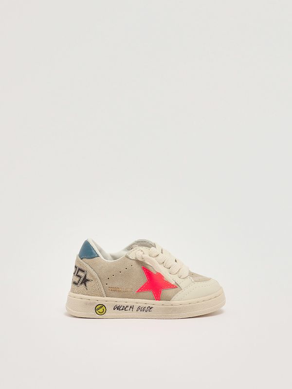 1. Kinder-Sneaker Ball Star aus Leder und Wildleder Beige-Neonrot-Blau Golden Goose gjf00439f008050