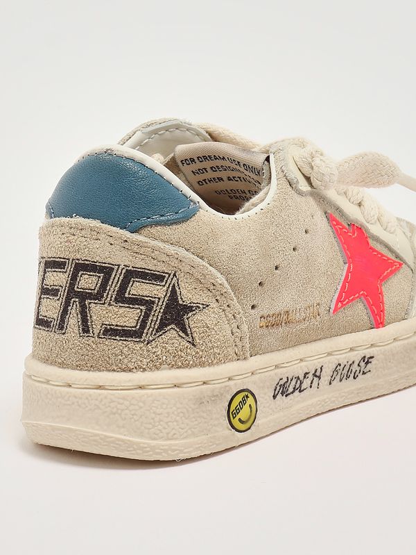 5. Kinder-Sneaker Ball Star aus Leder und Wildleder Beige-Neonrot-Blau Golden Goose gjf00439f008050