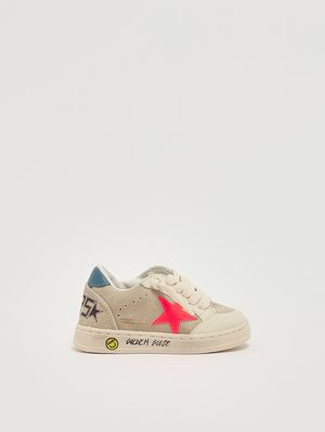 1. Kinder-Sneaker Ball Star aus Leder und Wildleder Beige-Neonrot-Blau