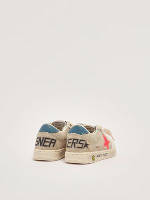 3. Kinder-Sneaker Ball Star aus Leder und Wildleder Beige-Neonrot-Blau