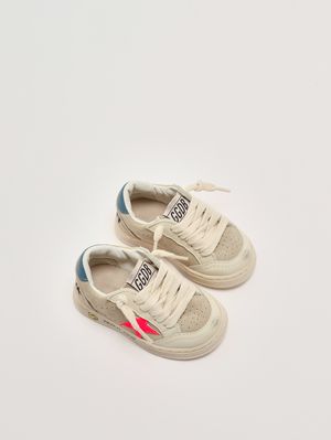 2. Kinder-Sneaker Ball Star aus Leder und Wildleder Beige-Neonrot-Blau