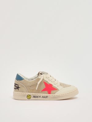 1. Baskets Ball Star en cuir pour garçon Beige-Rouge Fluo-Bleu