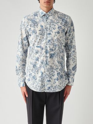 1. Herrenhemd Fuji aus Stretch-Baumwolle Weiß-Blau