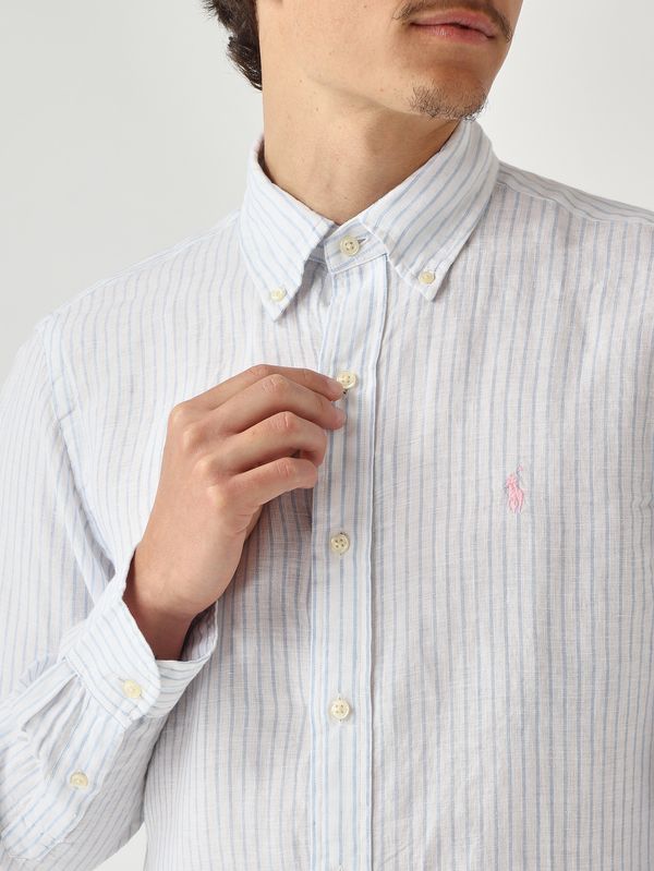 5. Camisa de hombre Custom Fit de lino Blanco y azul celeste Polo Ralph Lauren 710b15594