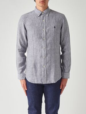1. Herrenhemd Custom Fit aus Leinen Weiß-Marine