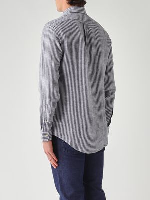 3. Herrenhemd Custom Fit aus Leinen Weiß-Marine