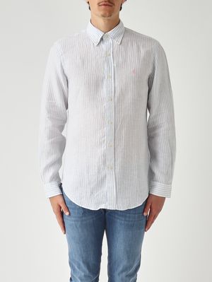 1. Camisa de hombre Custom Fit de lino Blanco y azul celeste