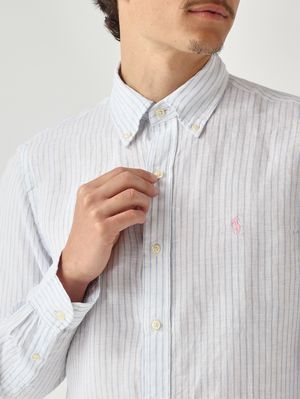 5. Camisa de hombre Custom Fit de lino Blanco y azul celeste