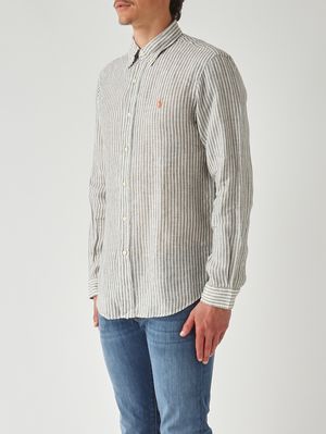 3. Camicia uomo custom fit in lino Bianco-Oliva