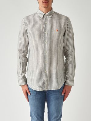 1. Camicia uomo custom fit in lino Bianco-Oliva