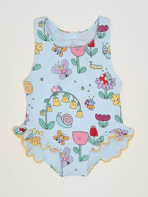 1. Bañador entero para bebé con estampado floral. Azul