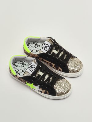 2. Mädchen-Sneaker aus Leder Animalprint Schwarz Gold