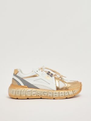 1. Sneaker aus Leder und Nylon Weiß-Gold