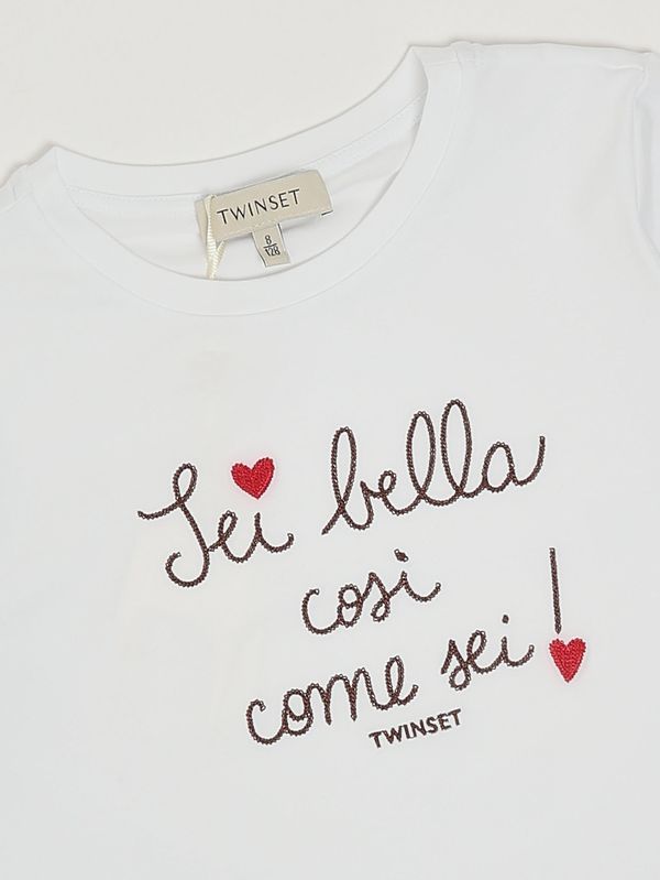 3. T-shirt bambina in cotone stretch Bianco-Marrone Twinset 261gj2251