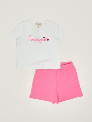 1. Completo bambina in cotone stretch Bianco-Fuxia