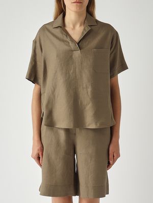 1. Damen-Poloshirt aus Leinen Militärgrün
