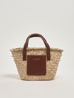 1. Mädchenhandtasche aus Raffia und Kunstleder Stroh-Leder