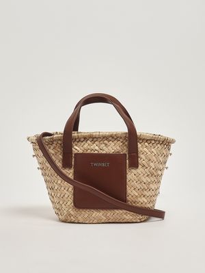3. Mädchenhandtasche aus Raffia und Kunstleder Stroh-Leder