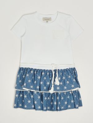1. Robe pour fille en coton mélangé Blanc-Bleu