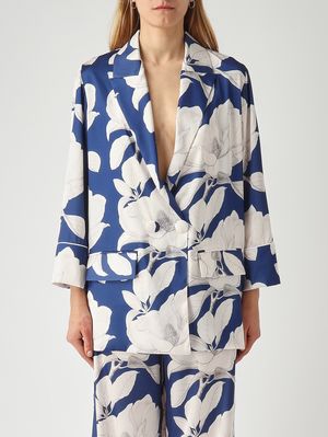 1. Blazer femme en tissu effet satiné Blanc-Bleu