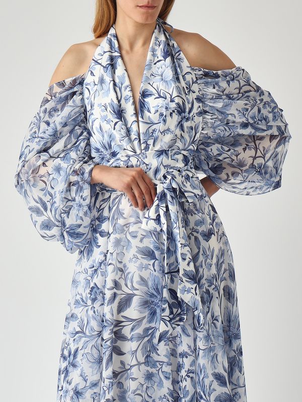 6. Abito donna Portofino in tessuto effetto raso e chiffon Bianco-Indaco Giada Curti gcr26a429