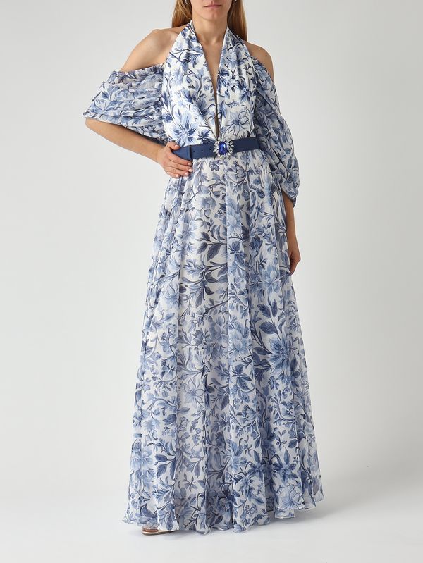 2. Abito donna Portofino in tessuto effetto raso e chiffon Bianco-Indaco Giada Curti gcr26a429