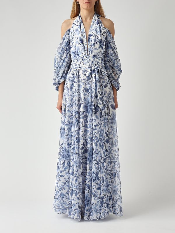 1. Abito donna Portofino in tessuto effetto raso e chiffon Bianco-Indaco Giada Curti gcr26a429