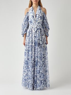1. Abito donna Portofino in tessuto effetto raso e chiffon Bianco-Indaco