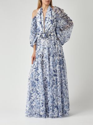 3. Abito donna Portofino in tessuto effetto raso e chiffon Bianco-Indaco