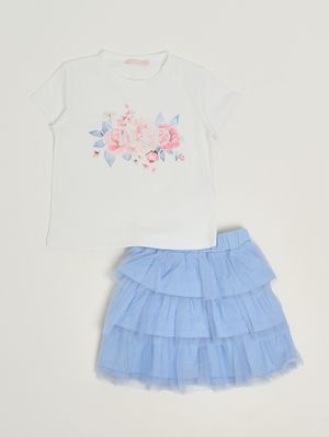 1. Mädchen-Set aus Stretch-Baumwolle Weiß-Blau