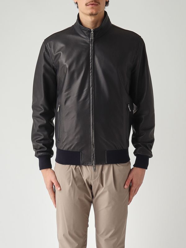 1. Veste homme en mélange de cuir et de nylon technique Bleu marine-Boue Volfagli 12bomber