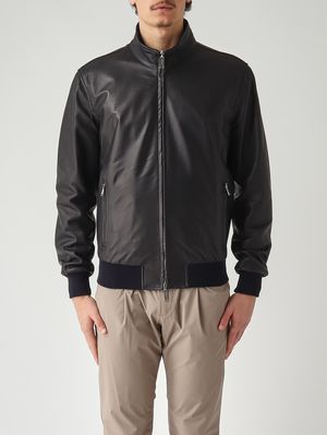 1. Veste homme en mélange de cuir et de nylon technique Bleu marine-Boue