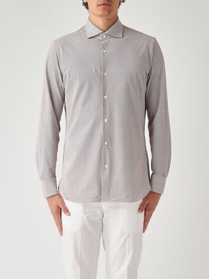1. Camisa de hombre de tejido técnico elástico sin planchado. Blanco-Marrón