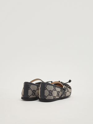 3. Ballerines pour enfant en cuir velouté et toile. Beige-Bleu