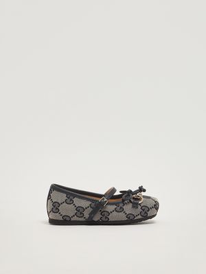 1. Ballerines pour enfant en cuir velouté et toile. Beige-Bleu