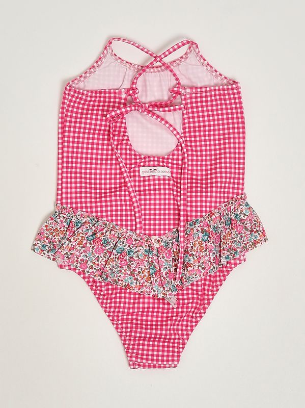 2. Badeanzug für Mädchen aus Stretchmaterial Fuchsiafarbenes Vichy-Karo Pesciolino Rosso inly06-patch