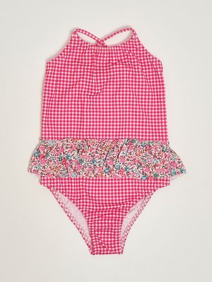 1. Badeanzug für Mädchen aus Stretchmaterial Fuchsiafarbenes Vichy-Karo