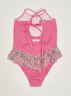 2. Badeanzug für Mädchen aus Stretchmaterial Fuchsiafarbenes Vichy-Karo