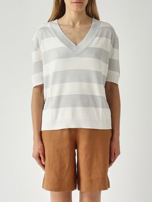 1. Damenpullover aus Seide und Viskose-Lurex Sahne-Silber