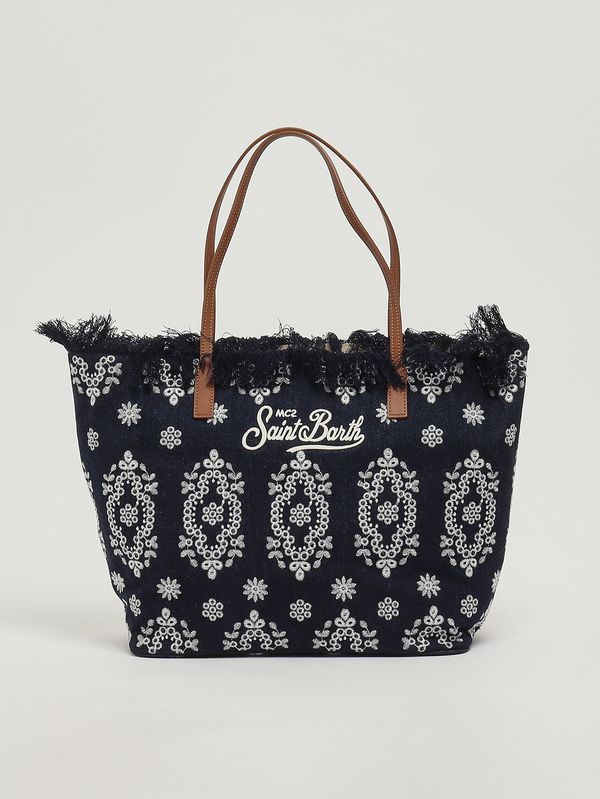 1. Damentasche The City Bag Fringe aus Baumwolle Dunkler Sangallo-Denim mit Prägung MC2 Saint Barth cbf0001