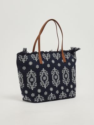 2. Damentasche The City Bag Fringe aus Baumwolle Dunkler Sangallo-Denim mit Prägung